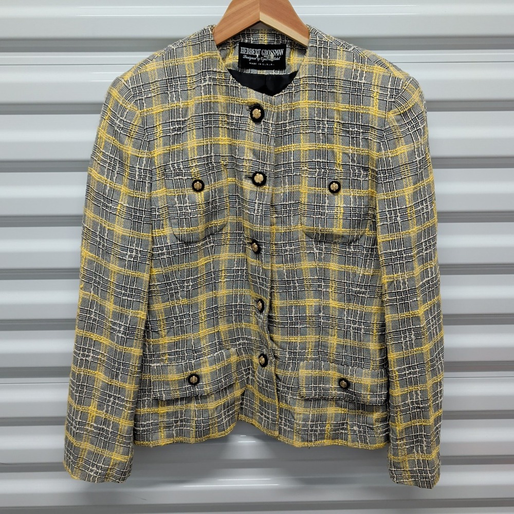 Herbert Grossman Size 10 Vintage‎ Plaid Tweed Blazer Yellow Black Cynthia Sobel